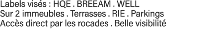 Labels visés : HQE   BREEAM   WELL Sur 2 immeubles   Terrasses   RIE   Parkings Accès direct par les rocades   Belle    