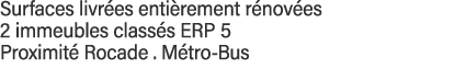 Surfaces livrées entièrement rénovées 2 immeubles classés ERP 5 Proximité Rocade   Métro-Bus 