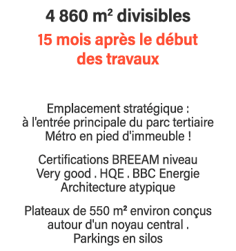 4 860 m2 divisibles 15 mois après le début des travaux Emplacement stratégique : à l'entrée principale du parc tertia   