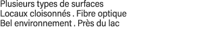 Plusieurs types de surfaces  Locaux cloisonnés   Fibre optique Bel environnement   Près du lac 