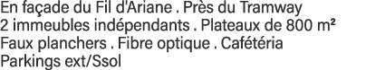 En façade du Fil d'Ariane   Près du Tramway  2 immeubles indépendants   Plateaux de 800 m2 Faux planchers   Fibre opt   