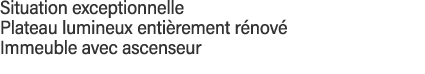Situation exceptionnelle Plateau lumineux entièrement rénové  Immeuble avec ascenseur 