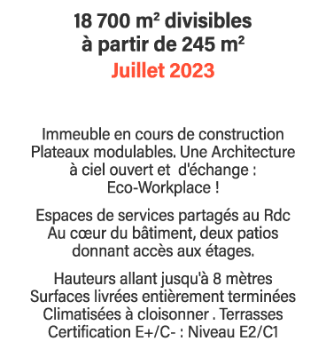 18 700 m2 divisibles à partir de 245 m2 Juillet 2023 Immeuble en cours de construction Plateaux modulables  Une Archi   